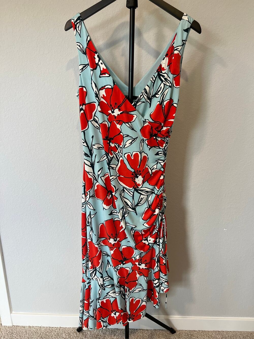 Maggy London Floral Midi Dress Ruched Side Tie Asymmetrical Wedding Guest US 10